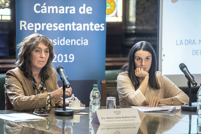 Cecilia Bottino y Camila Zeballos, ayer, en la Antesala de la Cámara de Diputados.

 · Foto: Federico Gutiérrez