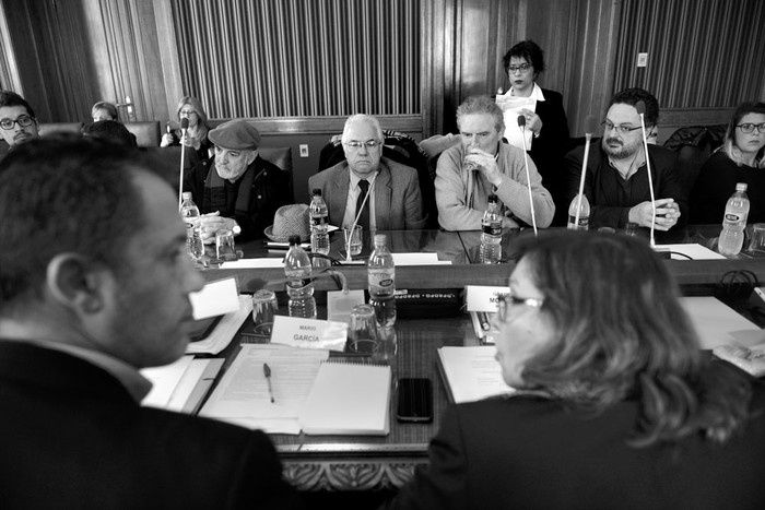 Integrantes de la FEUU, AGADU y de la Cámara del Libro, ayer, en la Comisión de Educación
y Cultura de la Cámara de Diputados. Foto: Santiago Mazzarovich