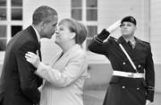 El presidente estadounidense, Barack Obama, y la canciller alemana, Angela Merkel, en el Palacio de Herrenhausen, en Hannover, donde mantinen conversaciones bilaterales.Foto: John Macdougall, Afp