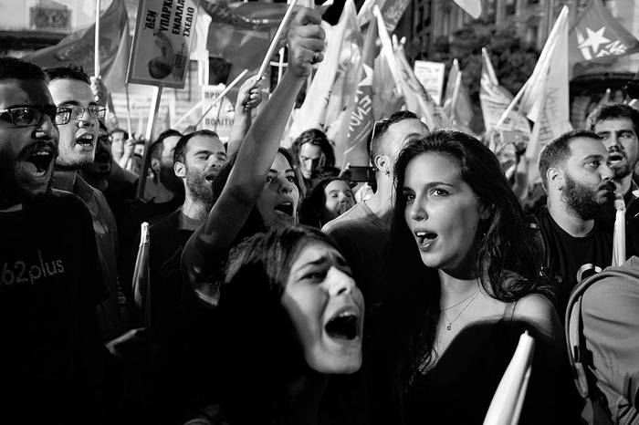 Acto electoral del partido de Unidad Popular de Grecia, liderado por el ex ministro de Syriza Panagiotis Lafazanis, ayer, en el centro de Atenas, Grecia. Foto: Louisa Gouliamaki, Afp