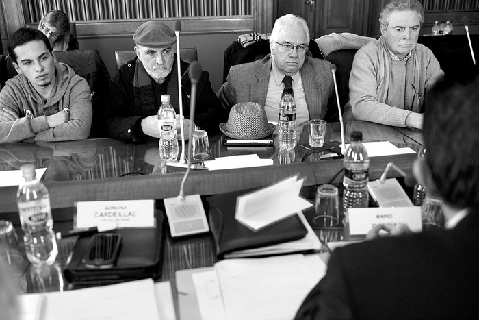 Integrantes de la Asociación General de Autores del Uruguay en la Comisión de Educación y Cultura de Diputados, el 1º de junio en el anexo del Palacio Legislativo. Foto: Santiago Mazzarovich
