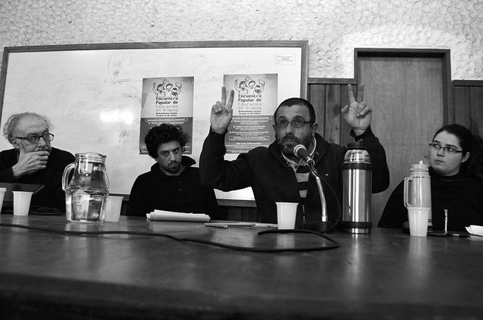 Roque Faraone, Fernando García Tabeira, Pablo Martinis y Mariana Licandro, el sábado, durante la jornada preparatoria “Educación, sociedad y construcción democrática”, en el Apex del Cerro.  · Foto: Pablo Vignali