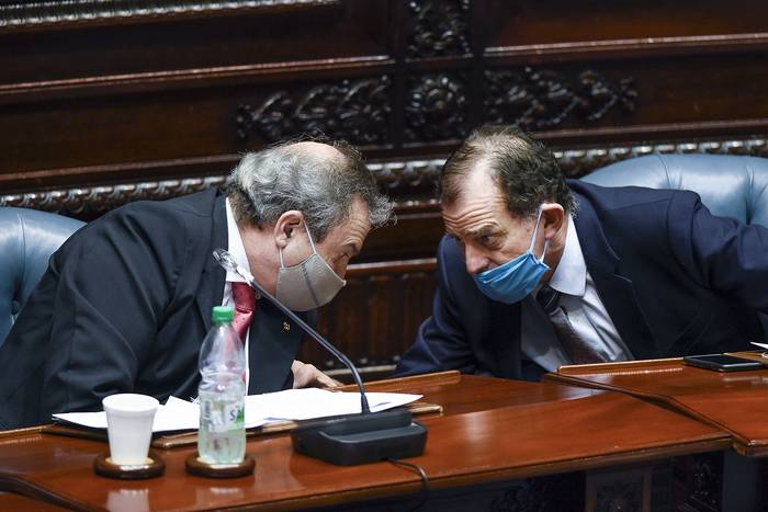 Raúl Lozano y Guido Manini Ríos, en la Cámara de Senadores (archivo, abril de 2020). · Foto: Federico Gutiérrez