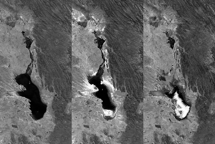 Fotografías satelitales tomadas por la Agencia Espacial Europea el 27 de abril de 2014, el 20 de julio de 2015 y el 22 de enero de 2016, que confirman la evaporación del lago boliviano Poopó. Foto: Afp