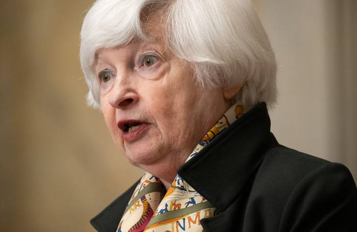 Janet Yellen, secretaria del Tesoro de Estados Unidos, el 16 de abril, en el Departamento del Tesoro en Washington, DC. · Foto: Saul Loeb, AFP