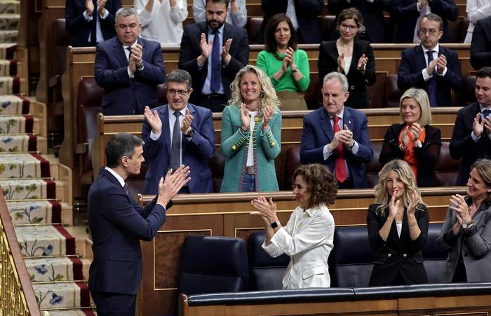 Pedro Sánchez tras anunciar que España reconocerá a Palestina como Estado el 28 de mayo, este miércoles, en el Congreso de los Diputados en Madrid. · Foto: Thomas Coex, AFP