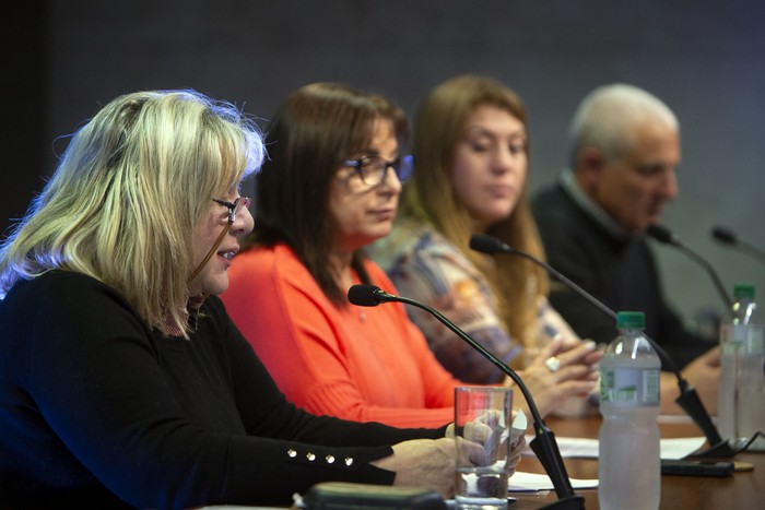 Zully Domínguez, Adrine Karakoussian, Paula Ferrero y Sergio Bedrossian, el 22 de mayo, en conferencia de prensa de la asociación civil Profesionales Independientes. · Foto: Ernesto Ryan