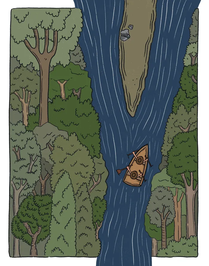 Foto principal del artículo 'Dos hermanos navegan el río Yi' · Ilustración: Laura Carrasco