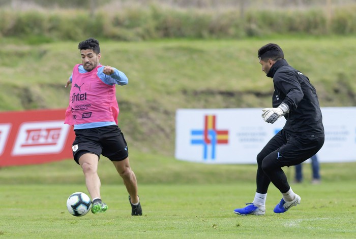 Luis Suárez y Martín Campaña, durante un entrenamiento, en el Complejo Uruguay Celeste. (archivo, junio de 2019). · Foto: Federico Gutiérrez