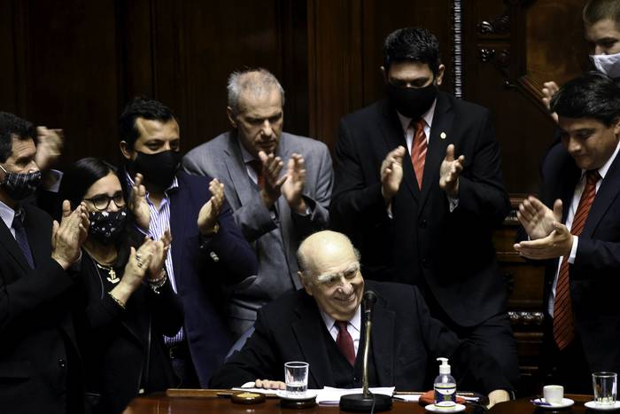Julio María Sanguinetti, el 20 de octubre, en la cámara de senadores del Palacio Legislativo de Montevideo.  · Foto: Federico Gutiérrez
