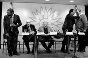 Edgardo Ortuño, Homero Guerrero, José Mujica, Diego Cánepa y Mario Bergara, ayer en la Torre Ejecutiva. / Foto: Nicolás Celaya