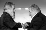 Luiz Inácio Lula da Silva, Celso Amorin y José Mujica, ayer cuando el mandatario brasileño daba la bienvenida al presidente Mujica en Brasilia. 