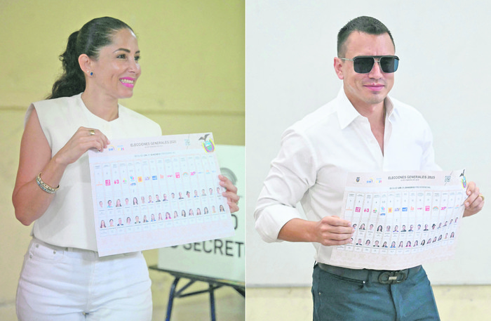 Combinación de imágenes de Luisa González y Daniel Noboa, el 9 de febrero, luego de votar durante las elecciones presidenciales en Ecuador. Fotos: Rodrigo Buendia y Marvin Recinos, AFP.