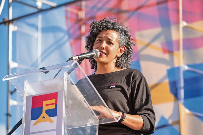 Patricia González, presidenta de la Comisión de Género y Feminismos, durante el 52º aniversario del primer acto del Frente Amplio, en el Ecoparque Idea Vilariño (26.03.2023). · Foto: Martín Varela Umpiérrez