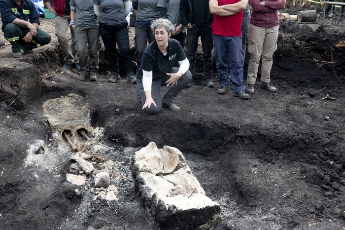 La antropóloga Alicia Lusiardo junto al hallazgo del Batallón 14, el 1º de agosto, en Toledo, Canelones. · Foto: Alessandro Maradei