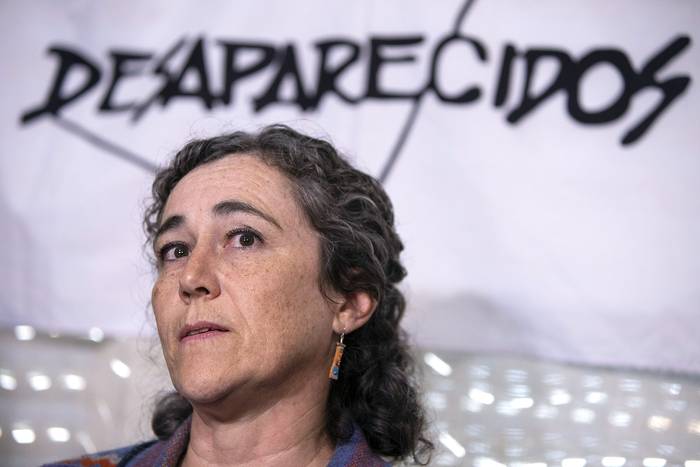 Alicia Lusiardo en la conferencia de prensa Familiares de Detenidos Desaparecidos (22.06.2023). · Foto: Camilo dos Santos