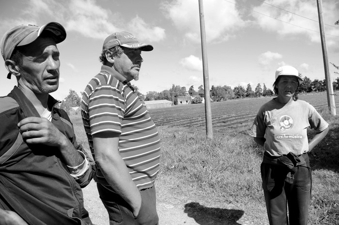 Diego, Israel y Rosana, trabajadores en conflicto en granja Los Andes, en la zona de Toledo.  · Foto: Pablo Nogueira