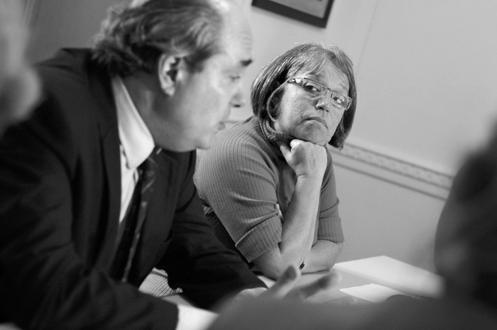 Pablo Abdala y Mónica Xavier, ayer, en la sede del Frente Amplio. · Foto: Pablo Nogueira