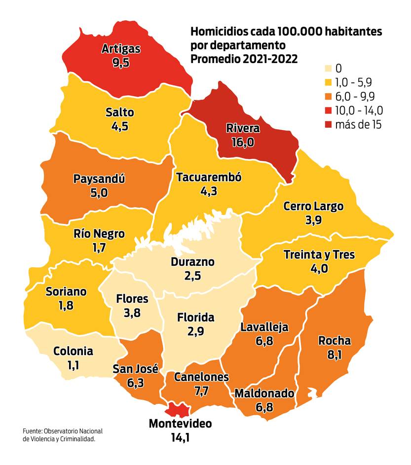 Homicidios cada 100.000 habitantes por departamento