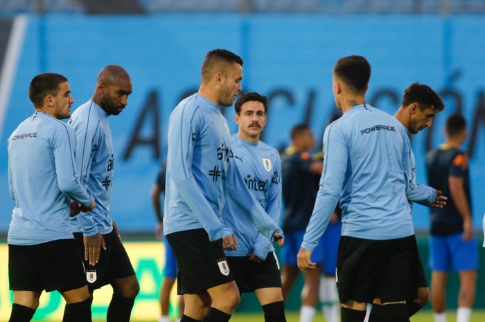 Mauro Arambarri, Jonathan Rodríguez, Brian Rodríguez, Alexis Rolín, Gabriel Neves, y Damián Suárez, el 17 de noviembre, previo al partido ante Brasil, en el estadio Centenario. · Foto: .